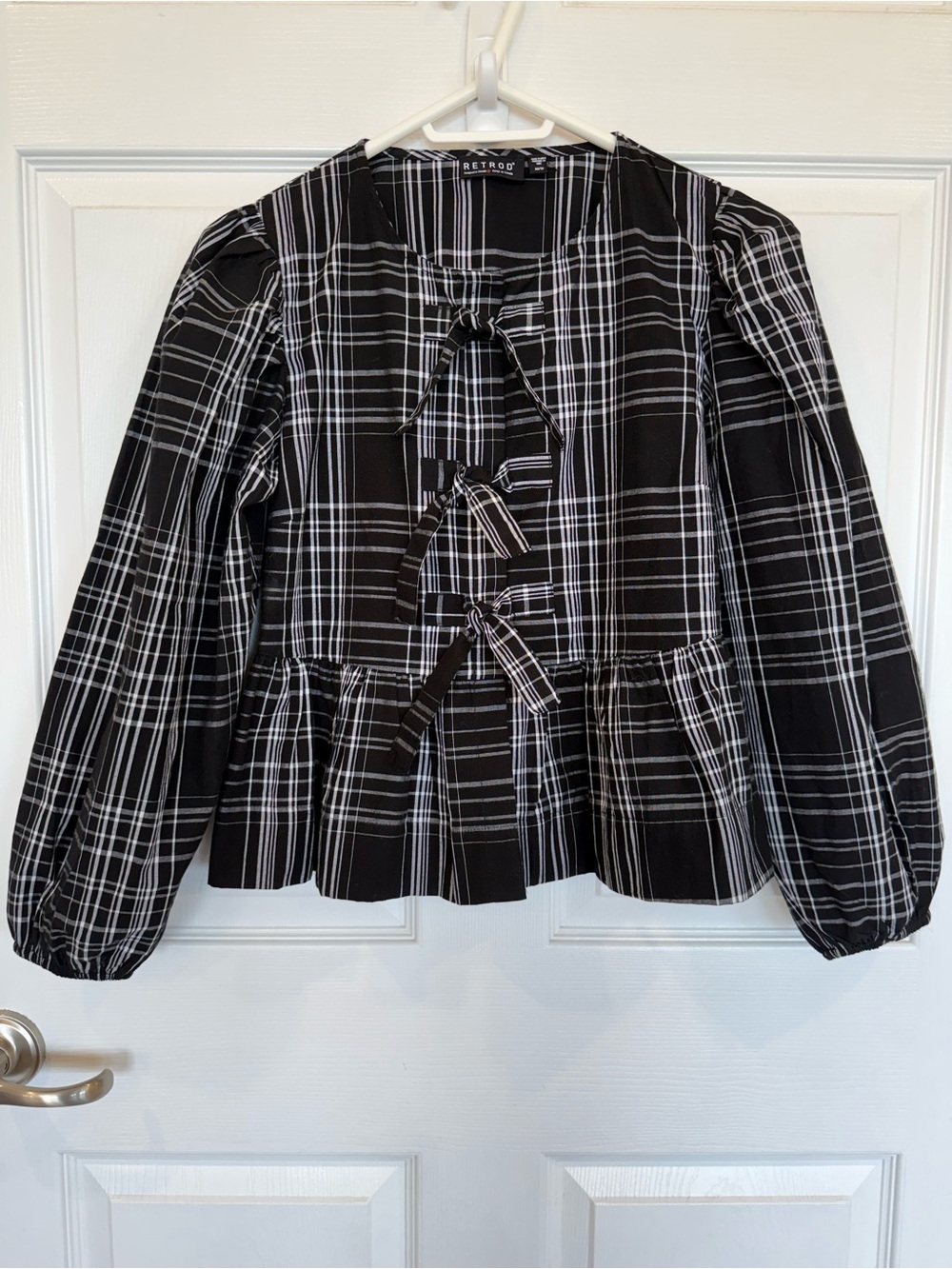 Retrod Black Plaid Tie-Front top long puffy sleeves ruffle hem